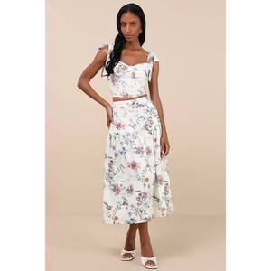Lulus Beautifully Chic White Floral Drop Waist Midi Skirt - Size M